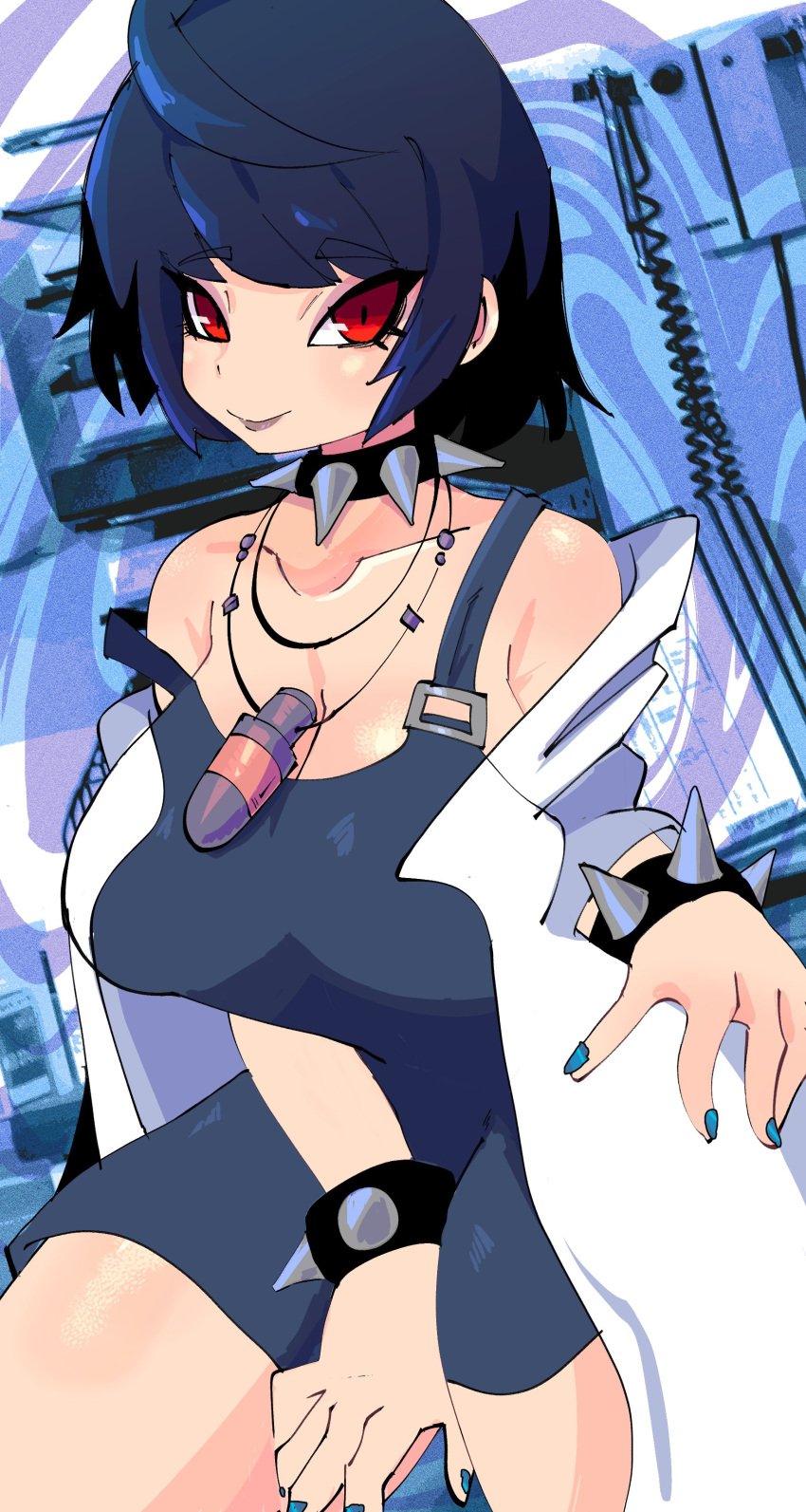 1girls big_breasts big_thighs blue_fingernails blue_hair bracelet collar dark_hair jiansketch lab_coat labcoat large_breasts large_thighs megami_tensei necklace persona persona_5 persona_5_royal red_eyes scientist shin_megami_tensei short_hair sitting smile solo solo_female solo_focus spiked_bracelet spiked_collar tae_takemi