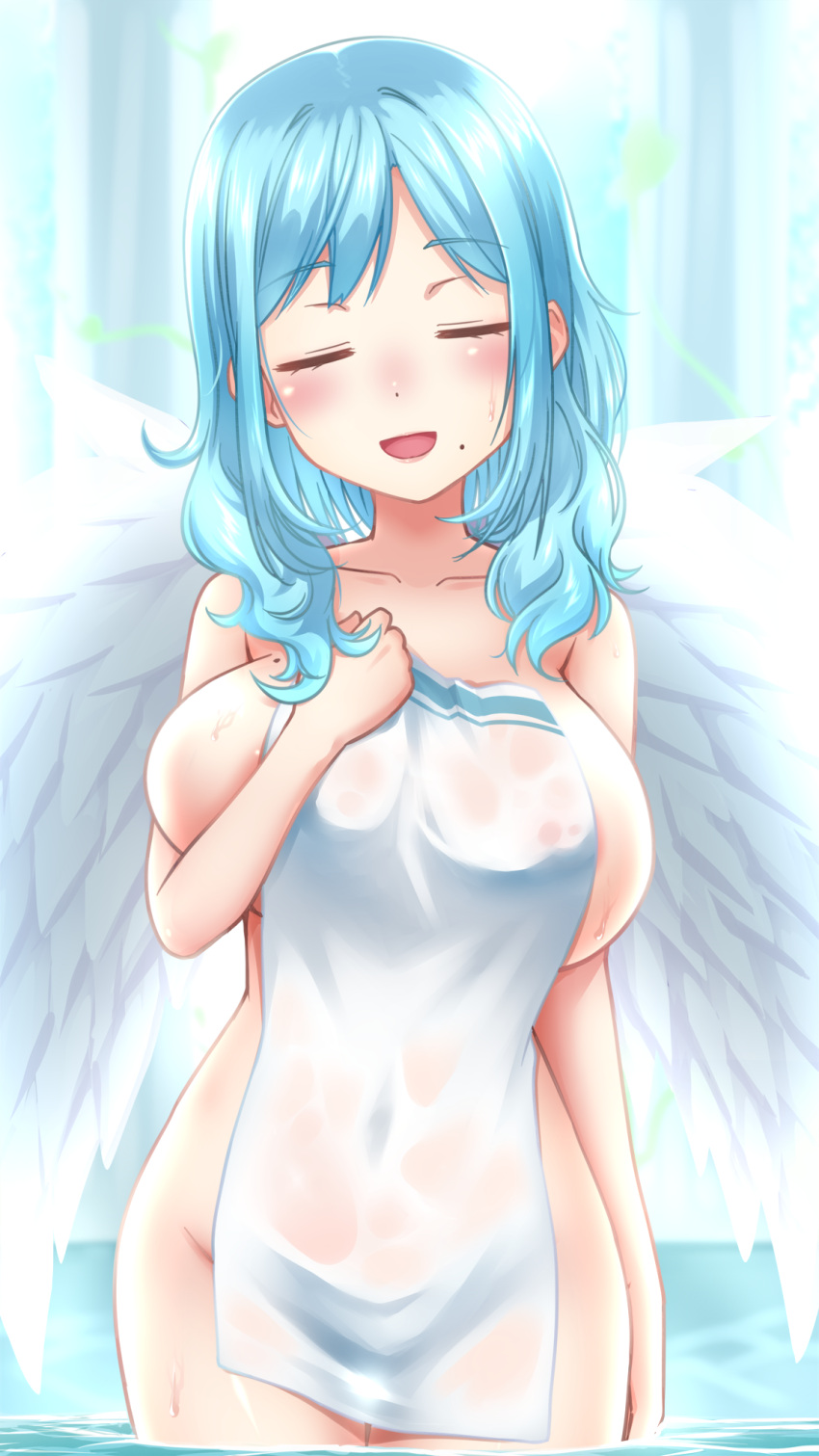 :d angel angel_wings areola_slip areolae bangs blue_hair blush breasts closed_eyes collarbone covered_navel covering cowboy_shot eyebrows_visible_through_hair facing_viewer feathered_wings female female goriate hand_on_own_chest highres large_breasts medium_hair moira_(nijisanji) mole mole_on_breast mole_under_mouth nijisanji nude_cover open_mouth smile solo towel virtual_youtuber wading water wet wet_towel white_wings wings