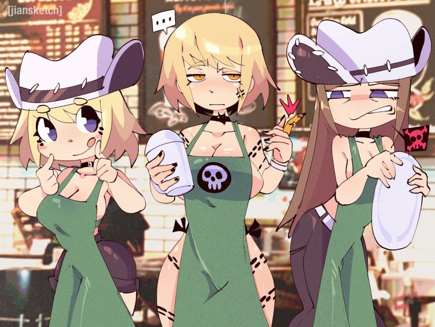 3girls apron elizabeth_thompson iced_latte_with_breast_milk jiansketch medusa_gorgon meme patricia_thompson soul_eater starbucks