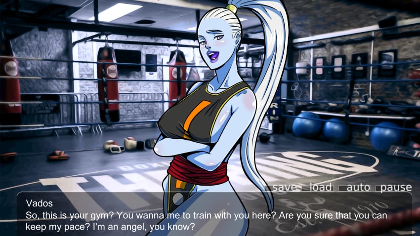 1girls ? angel_(dragon_ball) blue_skin boxing_ring breasts clothed collarbone crossed_arms curvy dialogue dragon_ball dragon_ball_super english_text female female_only gym highres humanoid indoors large_breasts lavender_eyes long_hair long_ponytail looking_at_viewer open_mouth open_smile pelvic_curtain ponytail pululon purple_tongue sash shiny_skin sideboob smile smug solo talking_to_viewer text text_box thick_thighs tied_hair vados very_long_hair white_hair