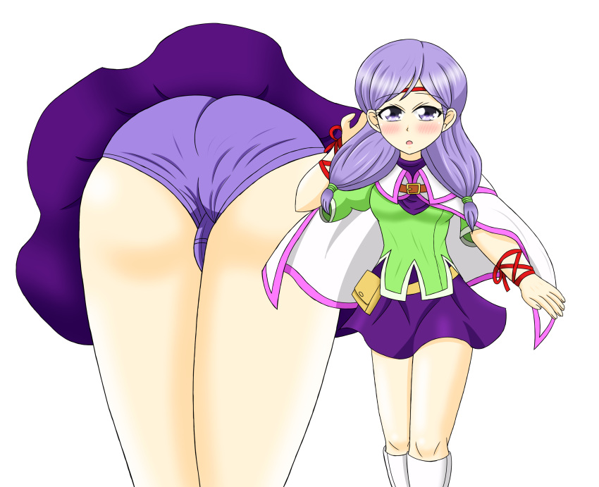 1girls ass ass_focus bare_legs bare_thighs bent_over big_ass blush breasts cape female_only fire_emblem fire_emblem:_path_of_radiance ilyana_(fire_emblem) long_hair looking_at_viewer medium_breasts nintendo open_mouth panties pantyshot pantyshot_(standing) purple_eyes purple_hair purple_panties rariochu4 skirt solo thighs upskirt white_background