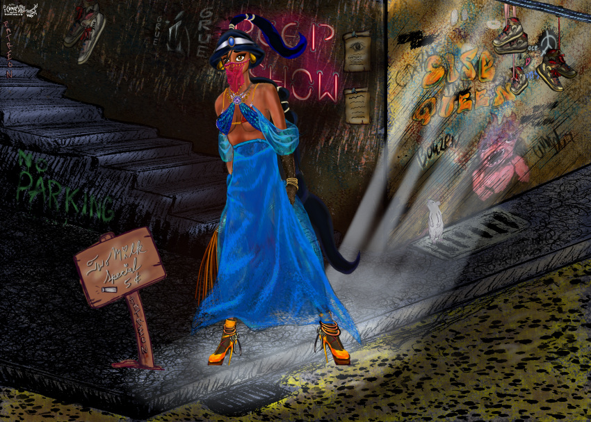 1001_nights aladdin arabian arabian_clothes arabian_female belly_dancer belly_dancer_outfit disney disney_princess graffiti heels hentai_diversity jewelry middle_eastern middle_eastern_clothing middle_eastern_female one_thousand_and_one_nights princess_jasmine pweathermk rats street_corner