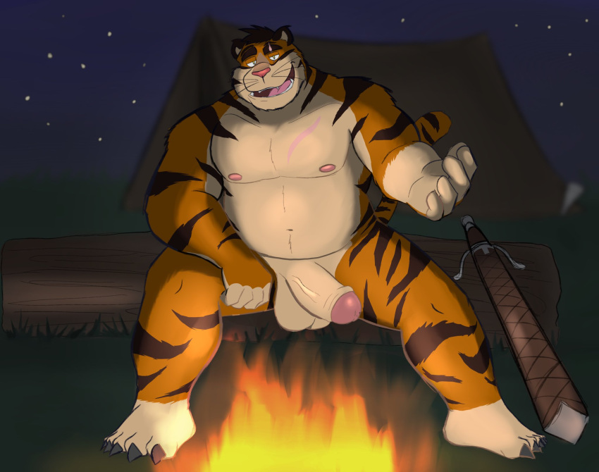 2020 anthro balls dippubear felid fire genitals hi_res humanoid_genitalia humanoid_hands humanoid_penis male mammal night nipples outside overweight overweight_male pantherine penis scar sitting solo tent tiger