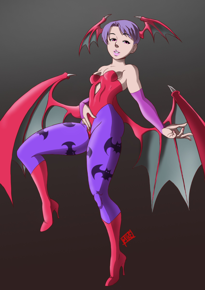 1girls capcom clothing darkstalkers female flat_chest girl heels high_heels legs legwear leotard lilith_aensland medium_breasts mikebloodslaver no_nude pantyhose purple_eyes purple_hair short_hair smile solo succubus suggestive_gesture suggestive_look teenager tight_clothing vampire_savior wings