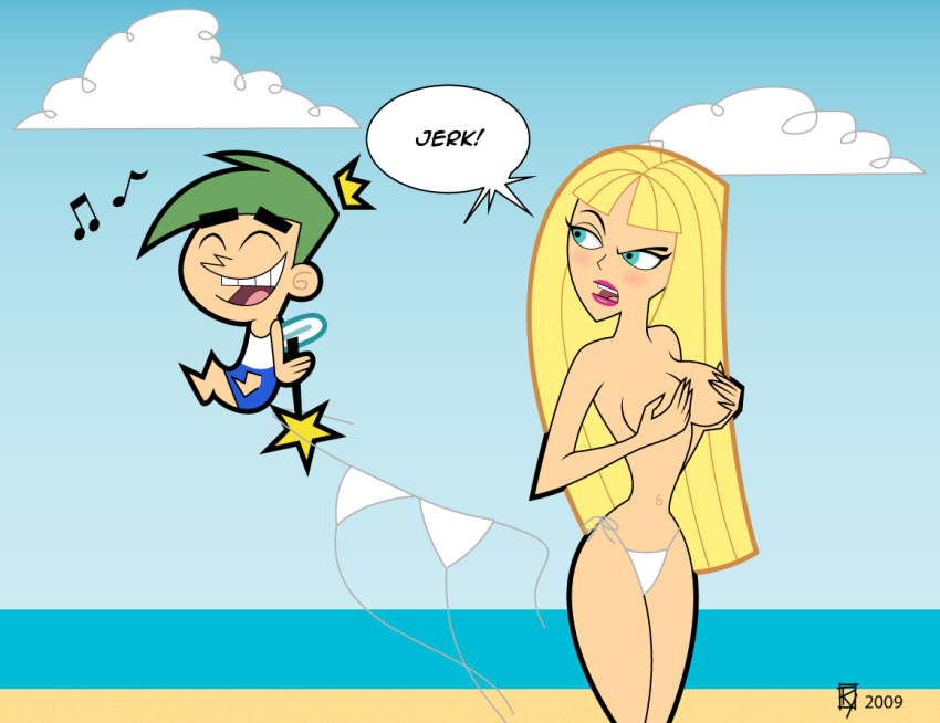 00s 1boy 1girls 2000s 2000s_(style) 2000s_and_2010s_style 2009 5_fingers accidental_exposure annoyed bangs beach big_breasts bikini bikini_top bikini_top_removed blonde_hair blue_sky blunt_bangs blush britney_britney_(fairly_oddparents) cloud cosmo_cosma covering_breasts cowboy_shot crown day daytime dialogue dialogue_bubble english_text female floating full_body green_eyes green_hair hand_on_breast hands_covering_breasts legs_together light-skinned_female light-skinned_male lipstick long_hair magic_wand musical_note navel nickelodeon nicktoons ocean outdoors pink_lipstick sftoon side-tie_bikini_bottom speech_bubble standing stolen_bikini stolen_swimsuit straight_hair swimsuit the_fairly_oddparents white_bikini white_swimsuit