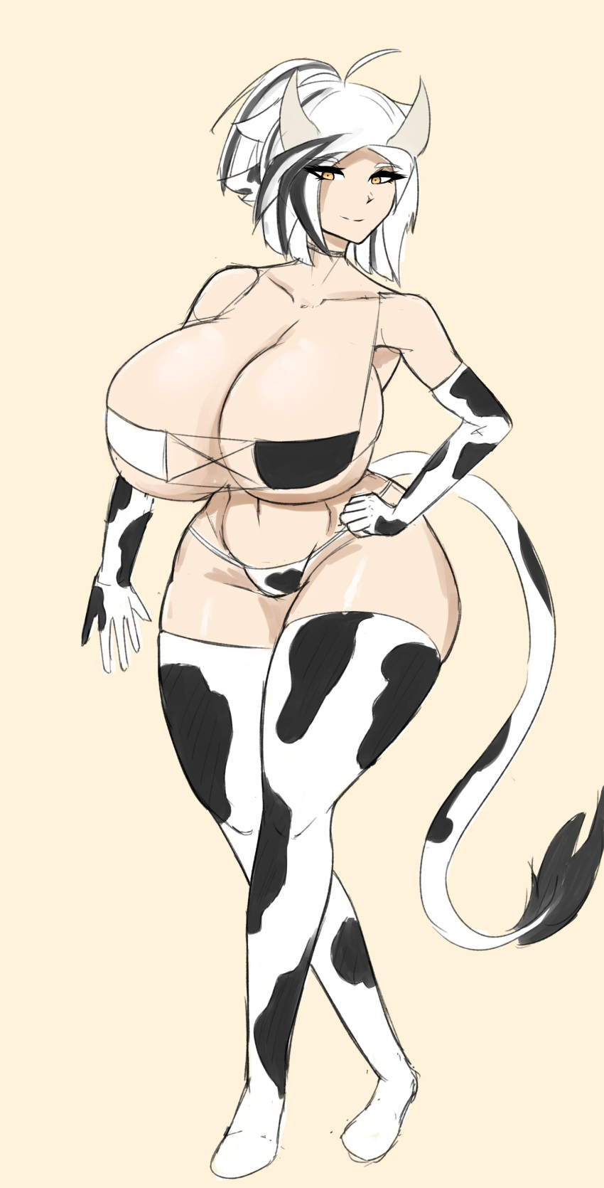 beetlebug big_breasts black_hair cleavage cow_bikini cow_ears cow_girl cow_horns cow_tail cowgirl exposed_shoulders eyepatch_bikini gloves horns huge_breasts ivvy_(beetlebug) kemonomimi large_breasts looking_at_viewer massive_breasts multicolored_hair neckband short_hair sideboob thick_thighs thighhighs thong underboob white_hair yellow_eyes