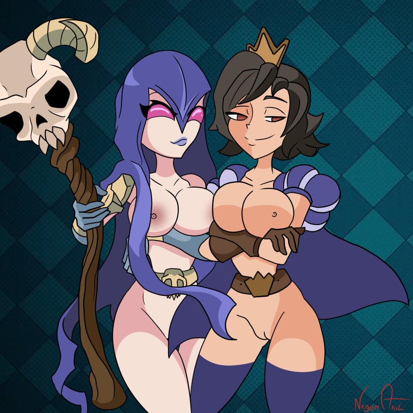 2girls arm_under_breasts big_breasts breasts clash_(series) clash_of_clans clash_royale crown female female/female female_only functionally_nude functionally_nude_female glowing_eyes looking_at_partner looking_away multiple_girls negum_akil nude nude_female princess_(clash_royale) pussy supercell touching_breast witch_(clash_of_clans)