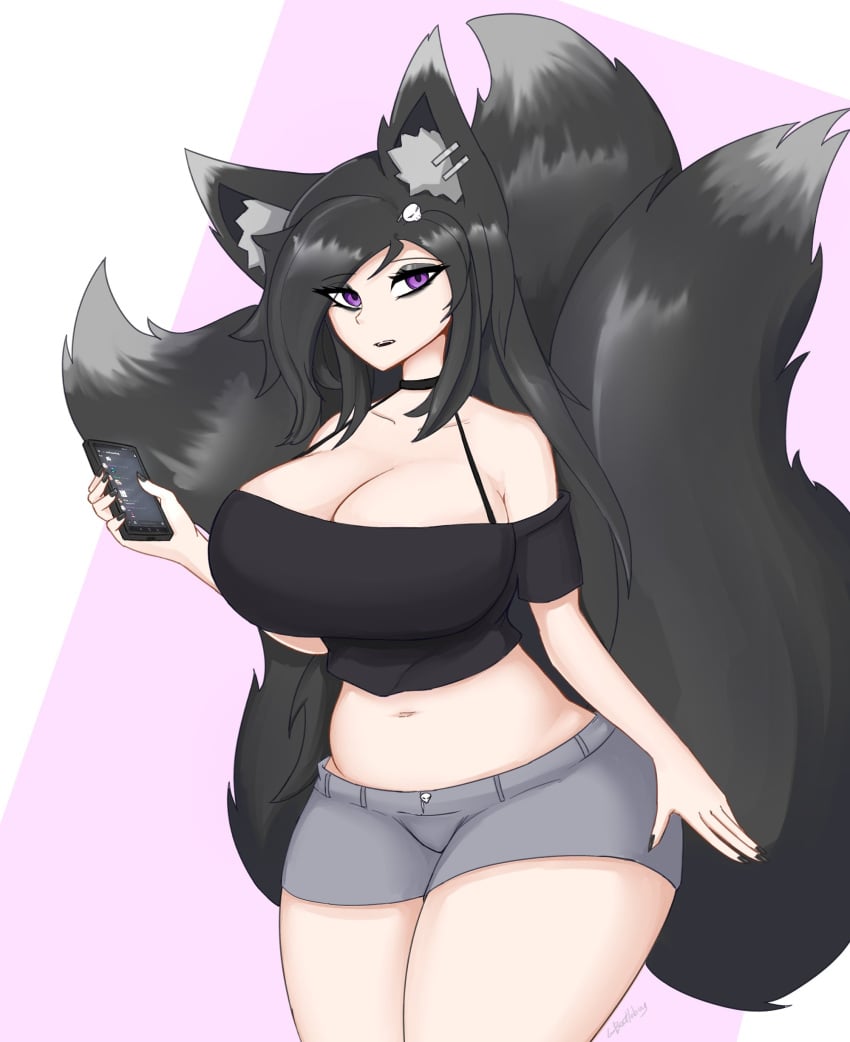 3_tails bangs beetlebug big_breasts black_fur black_hair crop_top ear_piercings exposed_belly exposed_midriff exposed_shoulders eye_shadow fluffy_tail fox_ears fox_tails goth hair_ornament kemonomimi kitsune long_hair looking_at_viewer makeup midriff multiple_tails nirya_(beetlebug) phone purple_eyes short_shorts tail thick_thighs