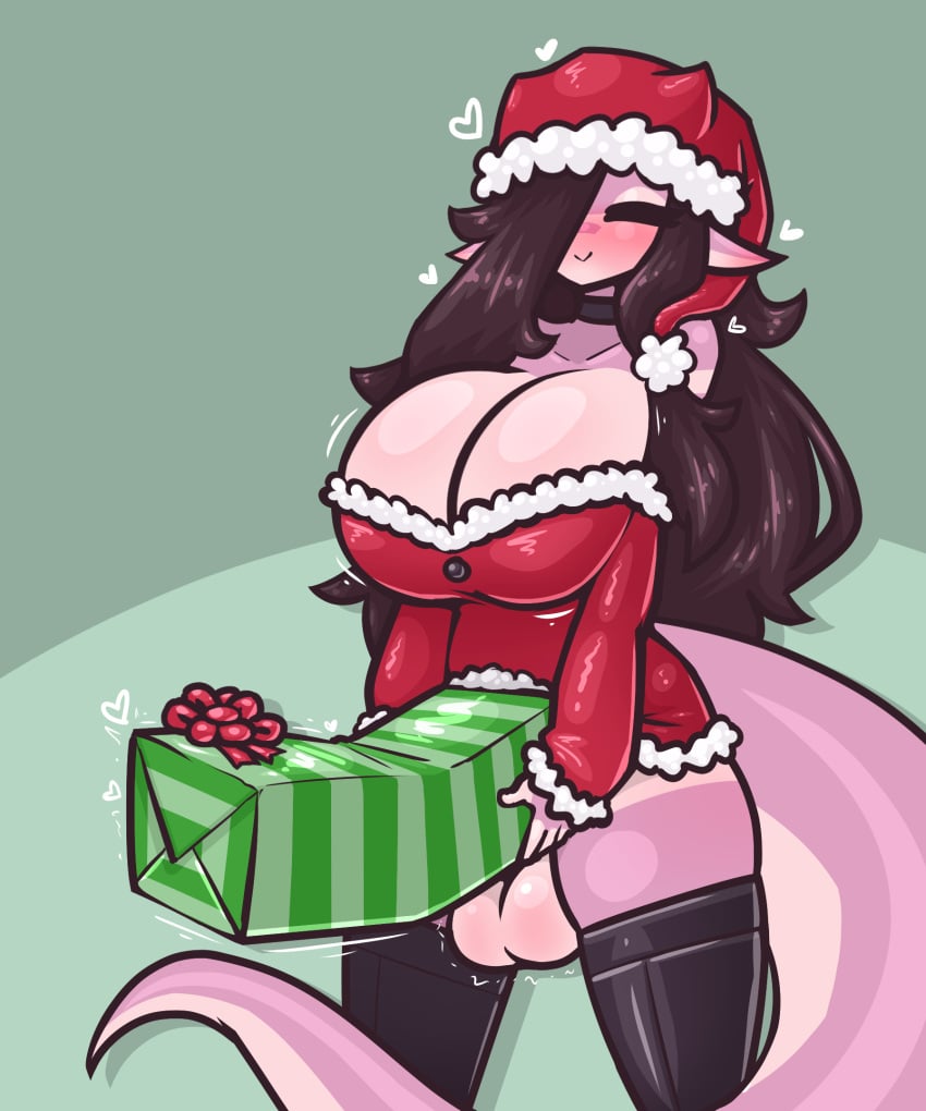 1futa balls big_balls big_breasts bottomless breasts christmas cleavage clothed clothing dick_in_a_box dick_in_present erection futa_only futanari huge_cock humanoid large_breasts limebreaker original partially_clothed rose_(limebreaker) solo standing testicles