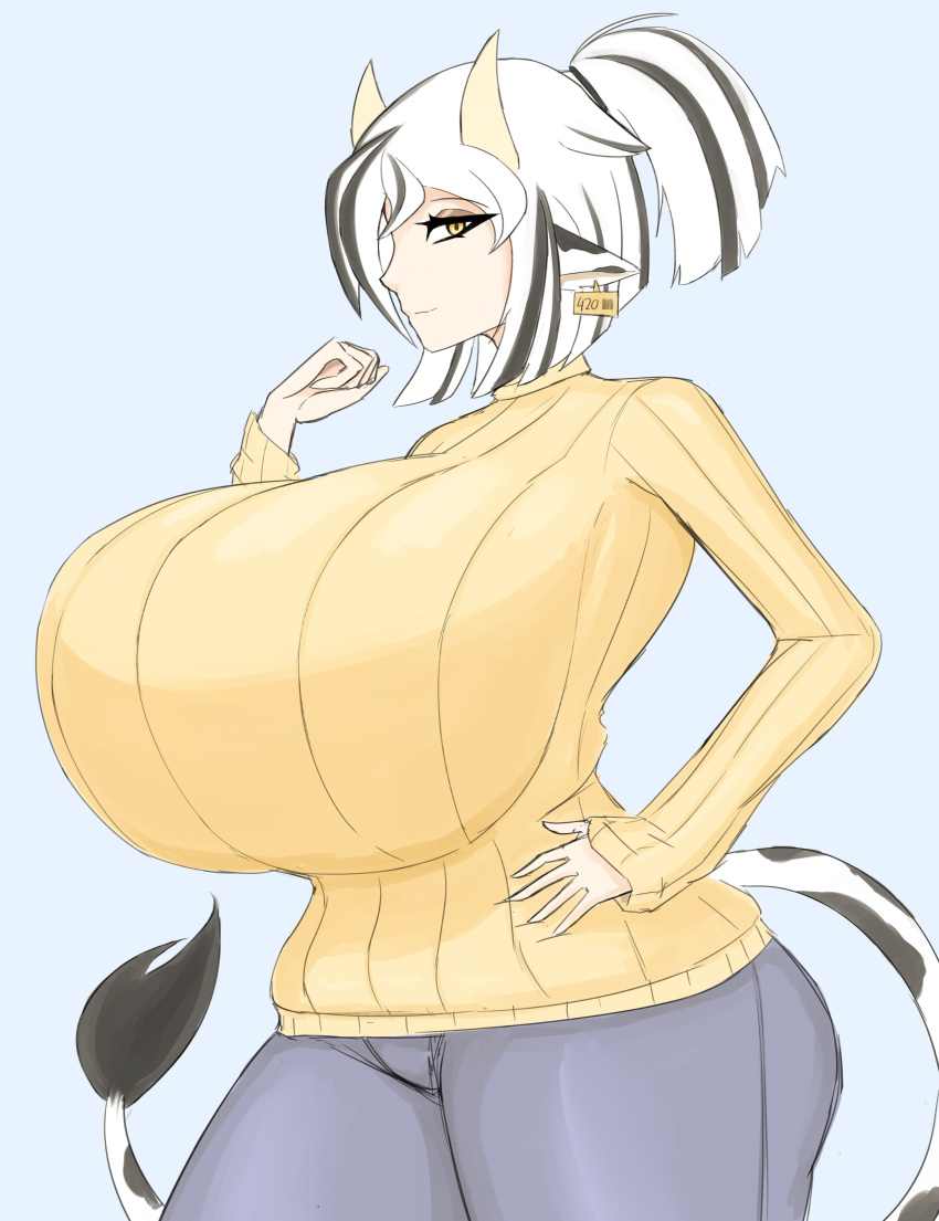 beetlebug big_ass big_breasts black_hair cow_ears cow_girl cow_horns cow_tail cowgirl horns huge_breasts ivvy_(beetlebug) jeans kemonomimi large_breasts large_thighs looking_at_viewer multicolored_hair ponytail short_hair sweater white_hair yellow_eyes