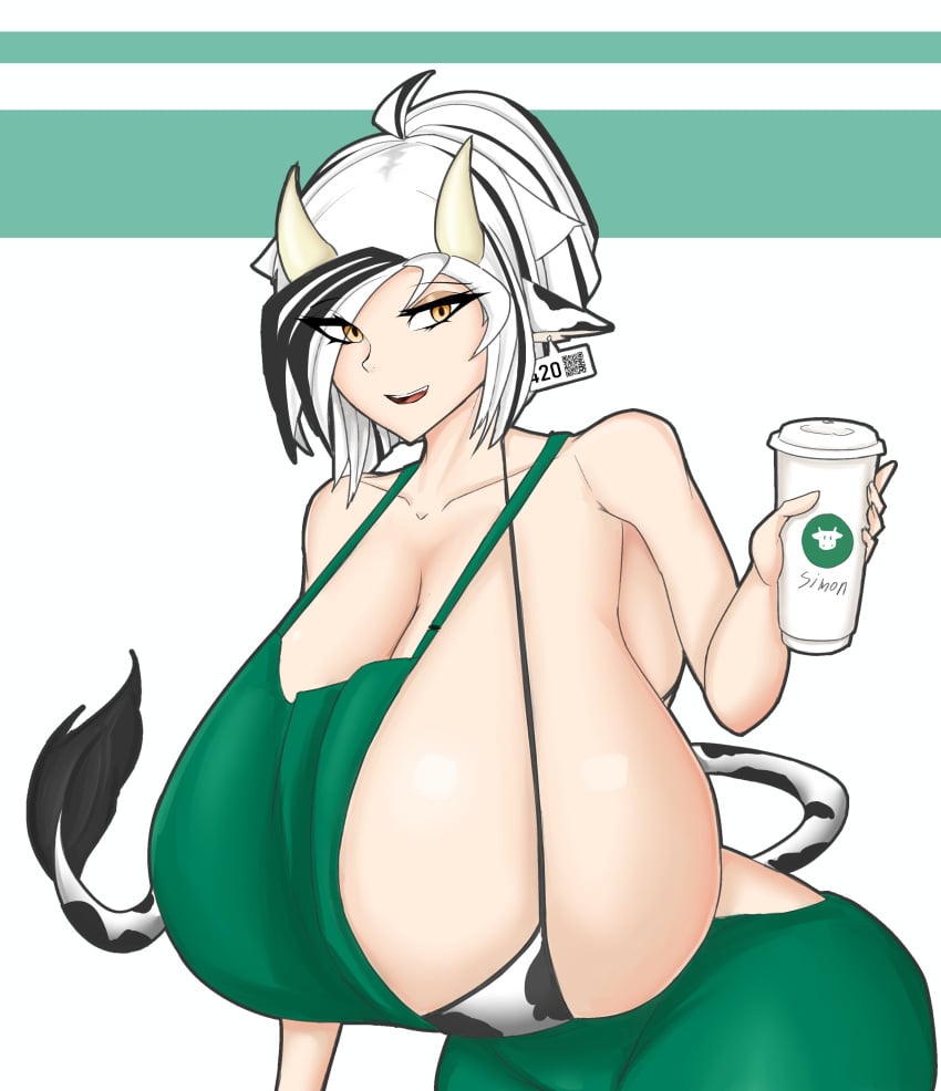 apron apron_aside beetlebug bikini_bra bikini_top black_hair cow_ears cow_girl cow_horns cow_tail cowgirl exposed_shoulders huge_breasts ivvy_(beetlebug) kemonomimi large_breasts looking_at_viewer multicolored_hair white_hair yellow_eyes