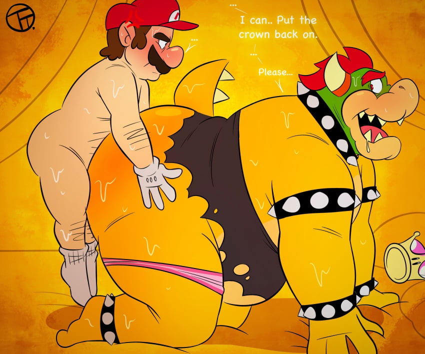 2021 2boys absurd_res accidentally_gay all_fours anal angry anthro ass big_butt blush bodily_fluids bowser bowsette_(cosplay) clothed clothing comic cross-popping_vein crossdressing crown dialogue digital_drawing_(artwork) digital_media_(artwork) doggy_style english_dialogue english_text fat fat_ass from_behind_position gay hi_res horn human human_on_anthro humanoid humor koopa male male/male male_only male_penetrated male_penetrating male_penetrating_male mammal mario mario_(series) new_super_mario_bros._u_deluxe nintendo obese obese_male open_mouth overweight overweight_male panties penetration scalie sex side_view size_difference slightly_chubby small_dom_big_sub super_crown super_mario_bros. superchub surprise sweat tail_motion tailwag text torn_clothing trashtoonz underwear video_games wardrobe_malfunction