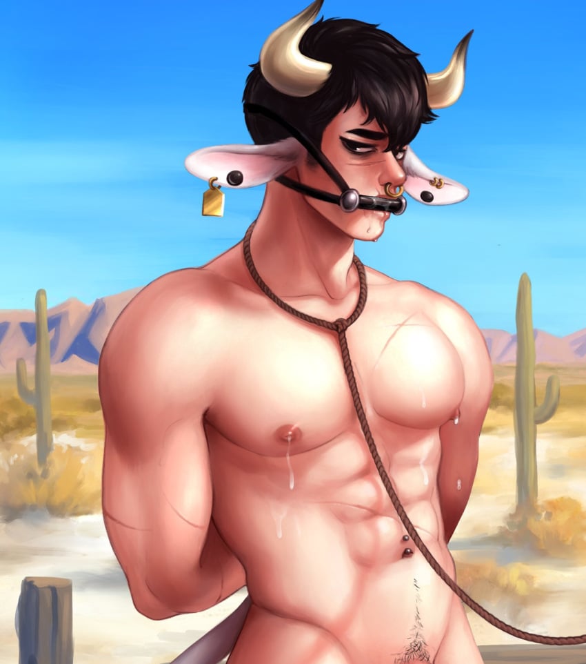 1boy abs adonis_belt arms_behind_back bdsm bit_gag black_hair bondage brown_hair cow_costume cow_ears cow_horns cow_tail cropped drooling ear_tag earrings gag gay katamak lactation leash male male_lactation male_only malesub milk muscular_male naked navel navel_piercing nose_piercing original original_character out_of_frame out_of_frame_censoring pecs penis_peek possumdaddi pubic_hair rope rope_bondage scar topless yaoi