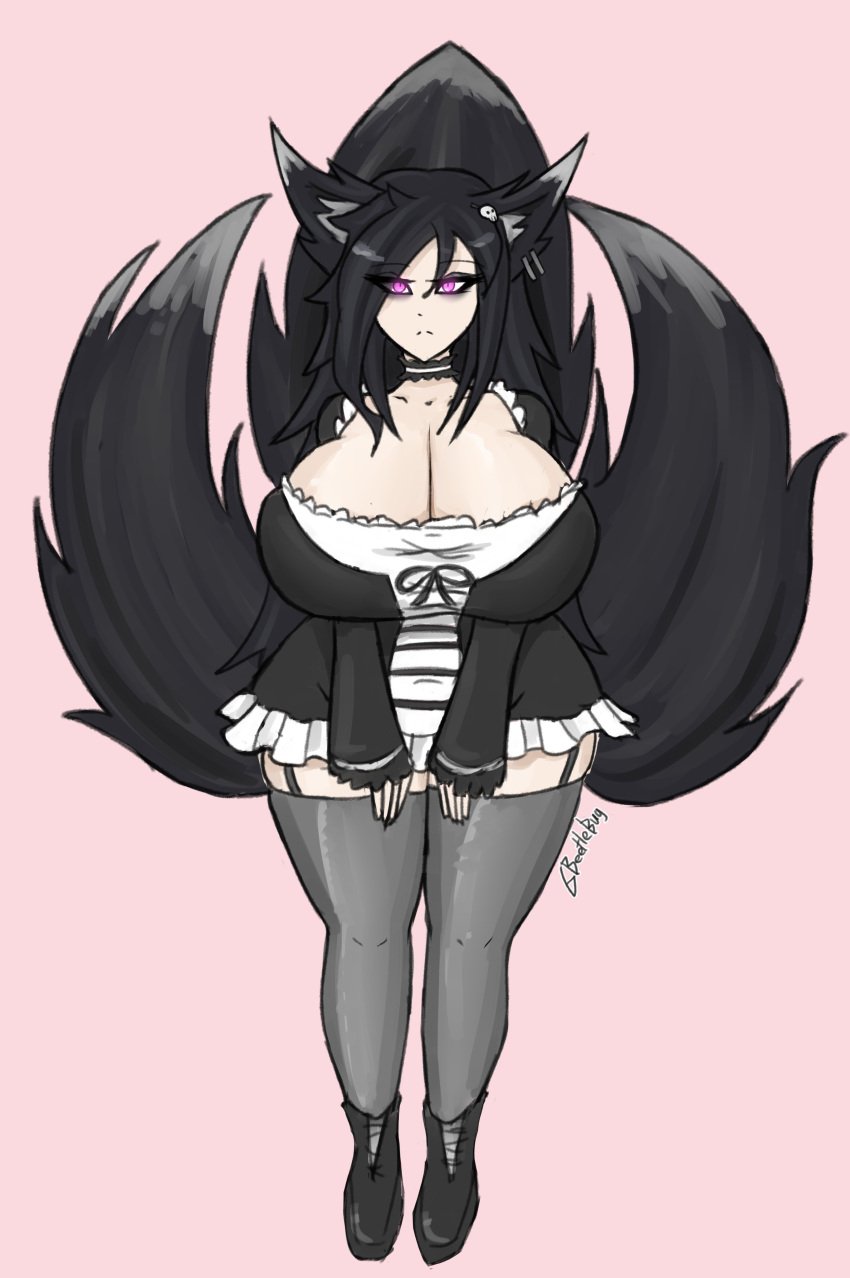 3_tails beetlebug big_breasts big_tail black_fur black_hair choker cleavage ear_piercing fox_ears fox_tail goth hair_pin kemonomimi kitsune large_breasts large_thighs maid_outfit maid_uniform massive_breasts nirya_(beetlebug) original_character purple_eyes skirt tail thick_thighs thighhighs