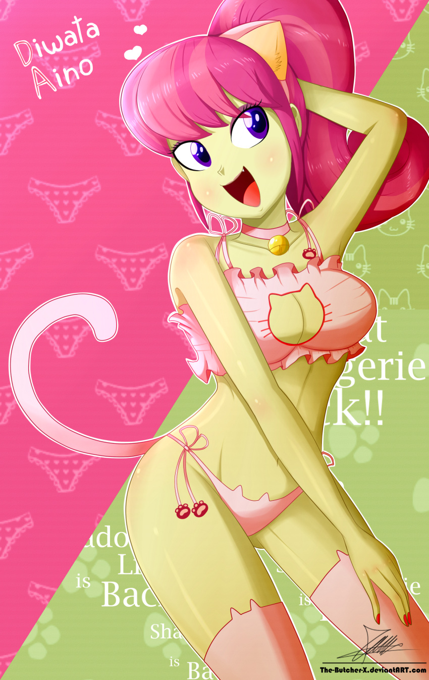 1girls abs bra breasts cat_bell cat_collar cat_ears cat_keyhole_bra cat_lingerie cat_tail character_name choker cleavage cleavage_cutout collar crystal_prep_academy_student diwata_aino_(eg) equestria_girls female friendship_games friendship_is_magic hasbro hi_res highres lingerie looking_at_viewer my_little_pony nail_polish navel open_mouth open_smile panties ponytail side-tie_panties signature smile smiling_at_viewer solo solo_female stockings the-butch-x thighhighs