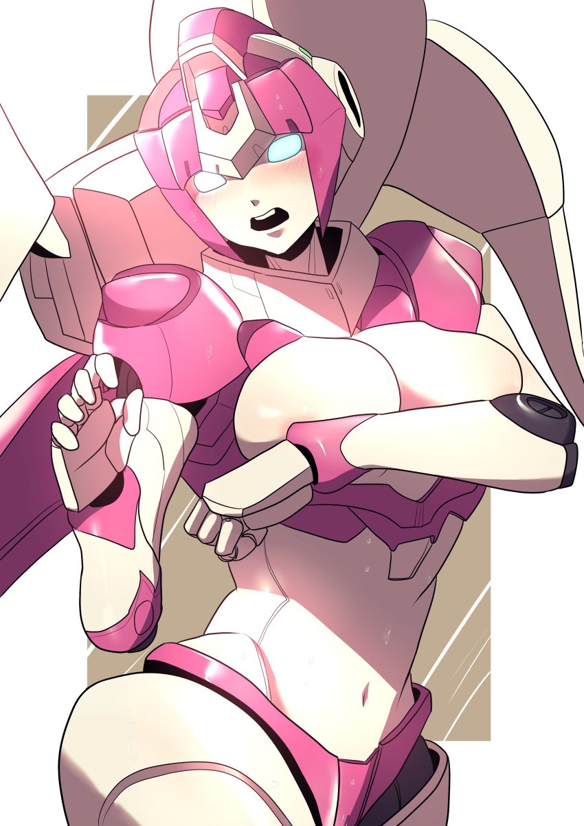 1girls alien alien_girl arcee blue_eyes boobs breasts covered_nipples covering_breasts covering_nipples ex-01_nicee female female_only gynoid medium_breasts no_bra nya panties pink_panties robot robot_girl robot_humanoid solo solo_female tits transformers white_body