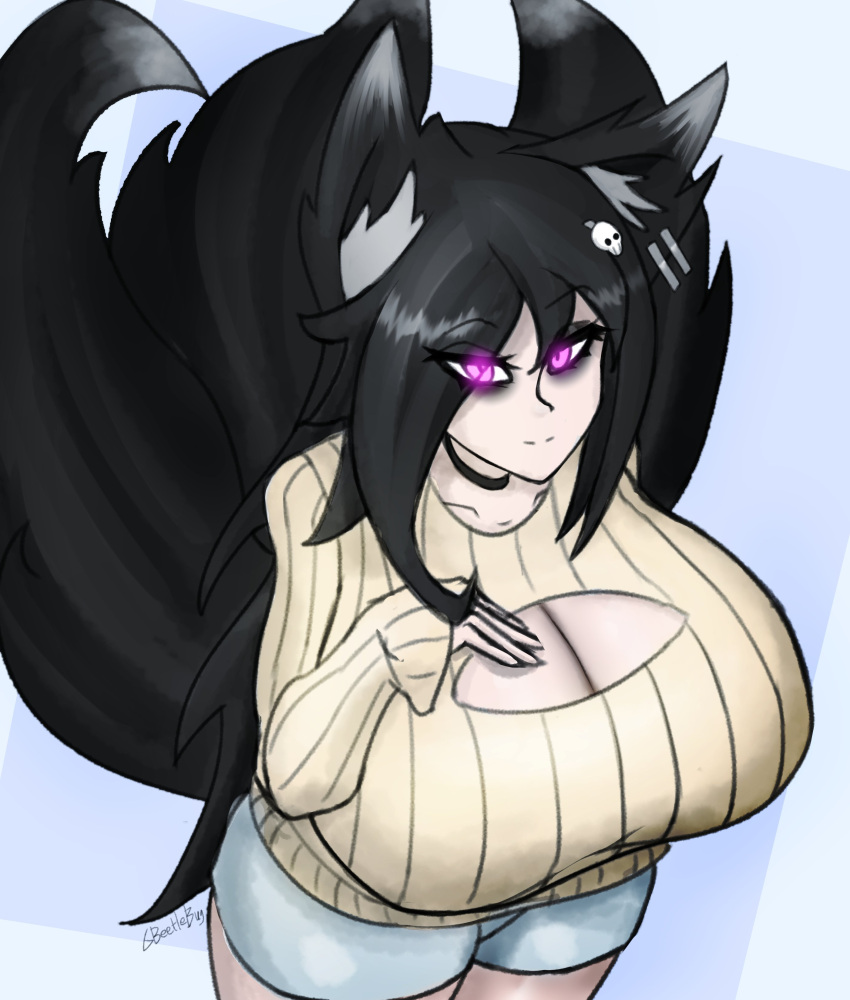 3_tails beetlebug big_breasts black_fur black_hair black_tail boob_window boobwindow_sweater choker colored ear_piercings eye_shadow eyeshadow fox_ears fox_tail goth hair_pin hand_on_breast kemonomimi kitsune large_breasts looking_at_viewer looking_up looking_up_at_viewer neckband nirya_(beetlebug) purple_eyes short_shorts sweater tail