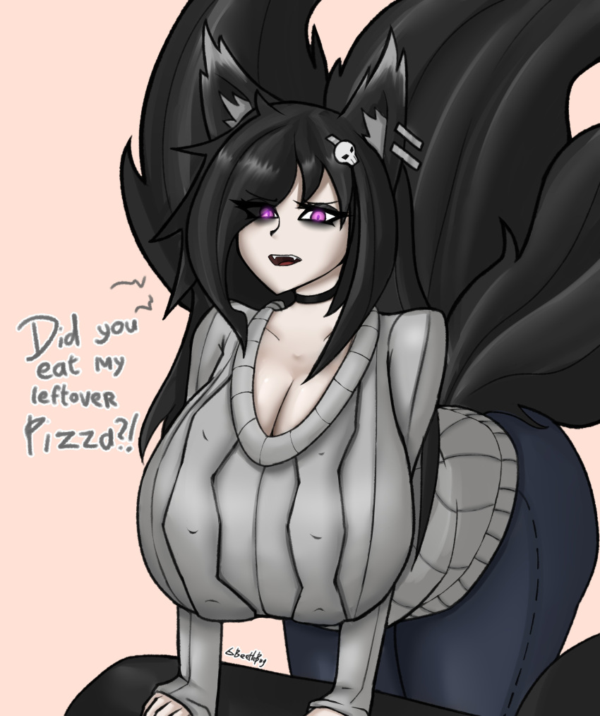 arms_under_breasts beetlebug big_breasts black_fur black_hair choker cleavage ear_piercing fox_ears fox_tail fox_tails goth hair_covering_eye hair_pin hanging_breasts jeans kemonomimi kitsune large_breasts large_thighs leaning_forward leaning_on_object long_hair long_sleeves looking_at_viewer neckband nirya_(beetlebug) open_mouth purple_eyes sweater talking_to_viewer text