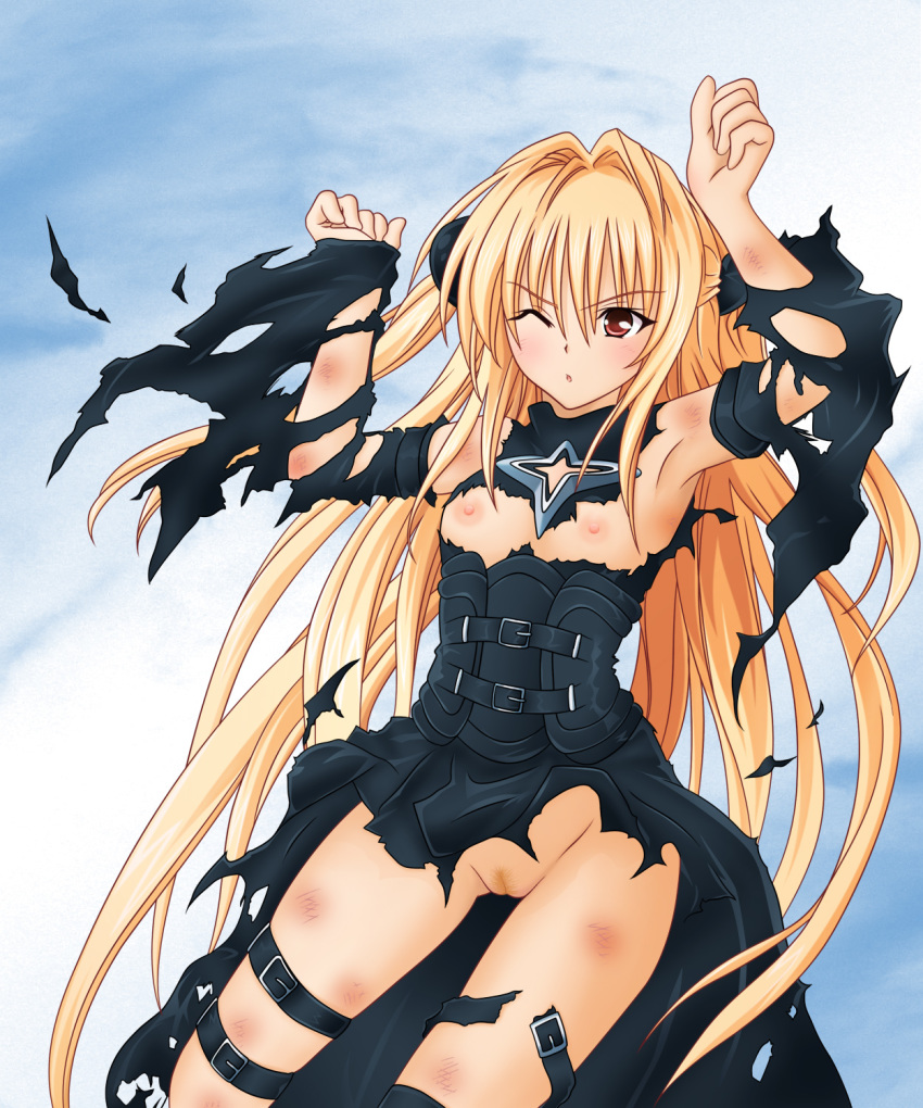breasts clothing enf female flat_chest highres konjiki_no_yami long_hair nipples pussy red_eyes thigh_strap to_love-ru torn_clothes uncensored