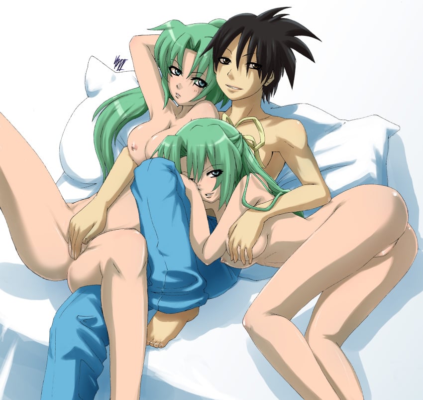 07th_expansion artist_request blue_eyes breast_grab breasts green_hair highres higurashi_no_naku_koro_ni incest long_hair mion_sonozaki nude ponytail shimaidon shion_sonozaki siblings sisters threesome tied_hair twins uncensored