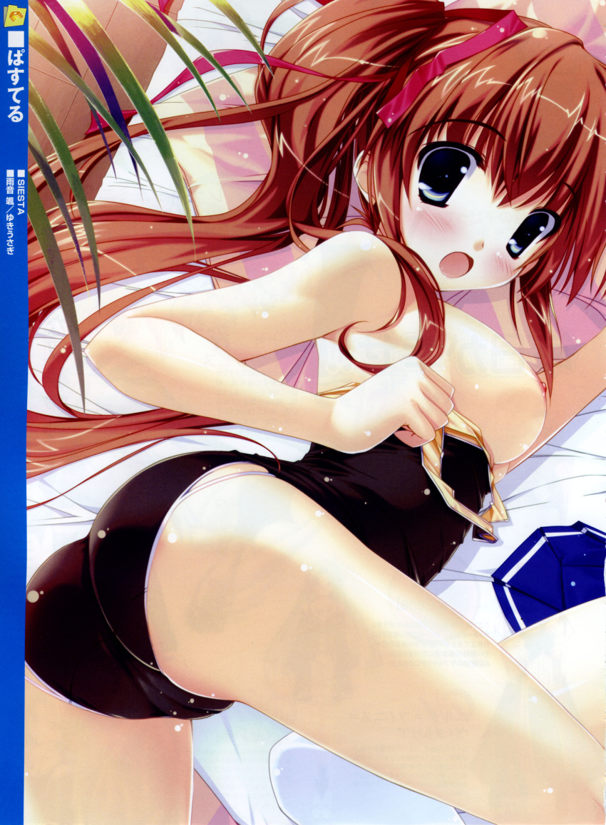 1girls amane_sou ass bare_shoulders bed blanket bleed_through blue_eyes blush breasts brown_hair cameltoe casual_one-piece_swimsuit female from_behind hair_ribbon highres long_hair looking_back momose_mio nipples on_side one-piece_swimsuit open_mouth ponytail ribbon scan solo swimsuit swimsuit_pull tied_hair trefoil twintails yuki_usagi