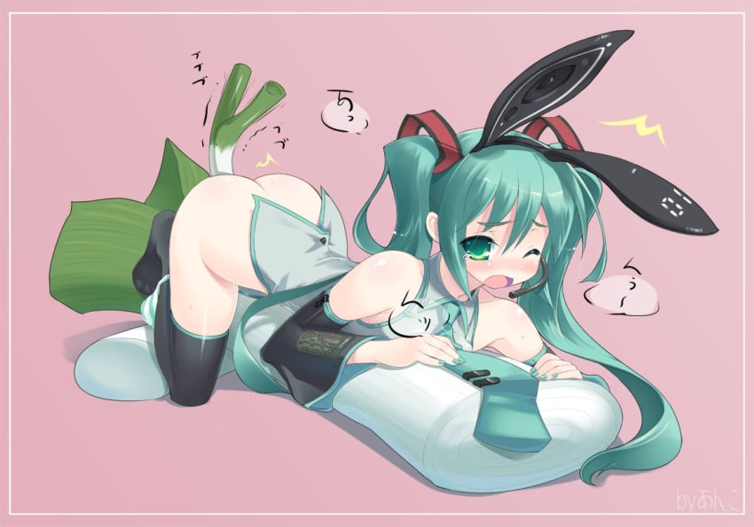 amasa_mitsunaru animal_ear aqua_eyes aqua_hair ass bare_shoulders black_legwear black_thighhighs blush bunny_ear detached_sleeves hair_ornament hatsune_miku headset leek long_hair lying nail_polish necktie negi_suppository on_stomach panties panties_around_one_leg pillow produce produce_dildo produce_insertion solo speaker spring_onion striped striped_panties tears themed_object thighhighs tied_hair twintails underwear vegetable_dildo vocaloid