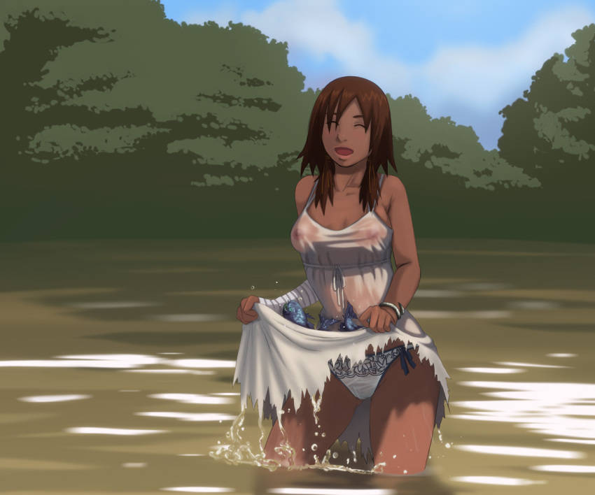 1girls areolae bandage bandages bracelet breasts brown_hair capcom cleavage closed_eyes curvy dark-skinned_female dark_skin dress erect_nipples female female_only fish fishing human jewelry large_breasts lieutenant long_hair manuela_hidalgo nipples no_bra oblivious panties resident_evil resident_evil:_the_darkside_chronicles river see-through see-through_clothing see-through_top skirt skirt_basket skirt_lift smile solo torn_clothes torn_dress underwear wet wet_clothes wet_dress white_dress white_panties wide_hips