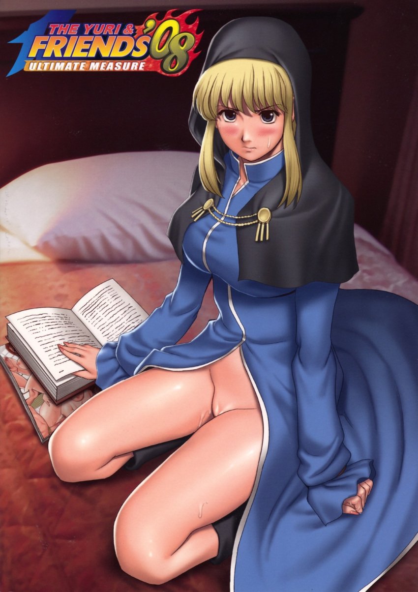 bed beige_skin blonde_hair blue_eyes blush book clothes color female female_only goeniko goenitz hair highres human indoors king_of_fighters kneeling leopold_goenitz looking_at_viewer open_eyes pillow rule_63 saigado snk solo wind