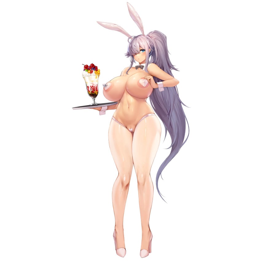 1girls animal_ears areola_slip areolae big_breasts blush bow bowtie breasts cherry cream detached_collar fake_animal_ears female food fruit full_body glass hair_over_one_eye high_heels highres huge_breasts ice_cream last_origin light-skinned_female light_skin long_hair looking_at_viewer name_tag navel nipple_piercing official_art pantyhose parfait pasties playboy_bunny ponytail pussy rabbit_ears silver_hair snowball22 solo sundae t-20s_gnome t-20s_gnome_(bunny_girl_costume) tachi-e taped_pussy very_long_hair white_heart_pasties white_legwear white_pasties wrist_cuffs