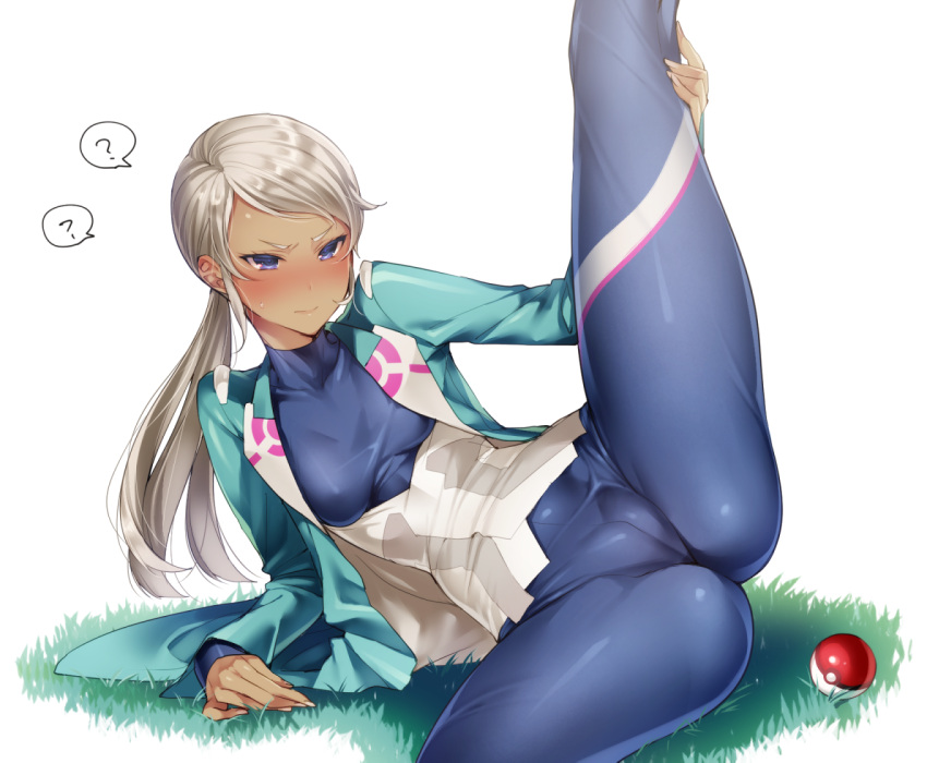 blanche_(pokemon) blue_eyes blush bodysuit bodysuit_under_clothes breasts coat female hizuki_akira jacket legs_spread nintendo on_ground open_legs png pokeball pokemon pokemon_go ponytail question_mark shiny_clothes skin_tight solo sweat tight_clothing visible_pussy wetsuit white_hair