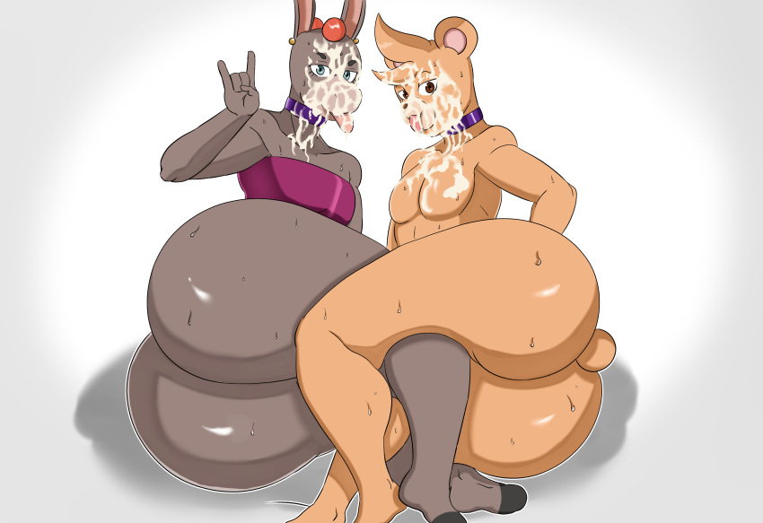 absurd_res anthro asinus ass big_butt bodily_fluids cherryfox73 collar cum cum_on_face digital_media_(artwork) donkey duo equid equine genital_fluids hair hi_res illie_(cherryfox73) jewelry male male/male mammal milo_(cherryfox73) nude orange_hair piercing purple_collar sex simple_background smile sweat tongue tongue_out ursid