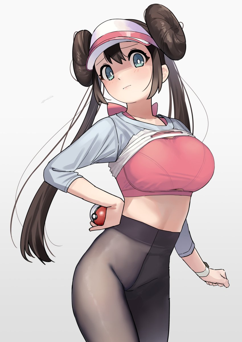 1girls 2021 absurd_res alternate_breast_size artist_name blue_eyes blush bra bra_strap breasts brown_hair clothing dated double_bun embarrassed female female_only grey_background hair_between_eyes hand_on_hip hat highres holding_poke_ball human kaedeko_(kaedelic) large_breasts long_hair long_twintails looking_at_viewer nintendo pantyhose pink_bra poke_ball pokemon pokemon_bw pokemon_bw2 rosa_(pokemon) shirt shirt_lift signature simple_background solo sports_bra standing tied_hair twintails underboob underboob_cutout underwear very_long_hair visor_cap watch wristwatch wristwear