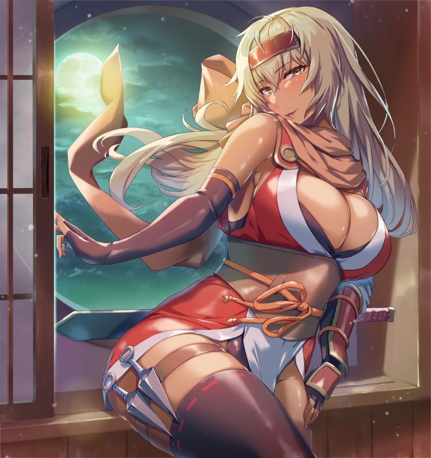 1girls absurdres alternate_costume armpits bare_thighs black_gloves blonde_hair boots breasts brown_cape cape cleavage commission dark-skinned_female dark_skin dress elbow_gloves female_only fire_emblem fire_emblem:_the_binding_blade fire_emblem_heroes full_moon gloves highres igrene_(fire_emblem) igrene_(ninja)_(fire_emblem) knife large_breasts long_hair looking_at_viewer moon night ninja nintendo official_alternate_costume red_dress sajittari seductive_smile short_dress skeb_commission smile solo sword thick_thighs thigh_boots thighhighs thighs weapon yellow_eyes