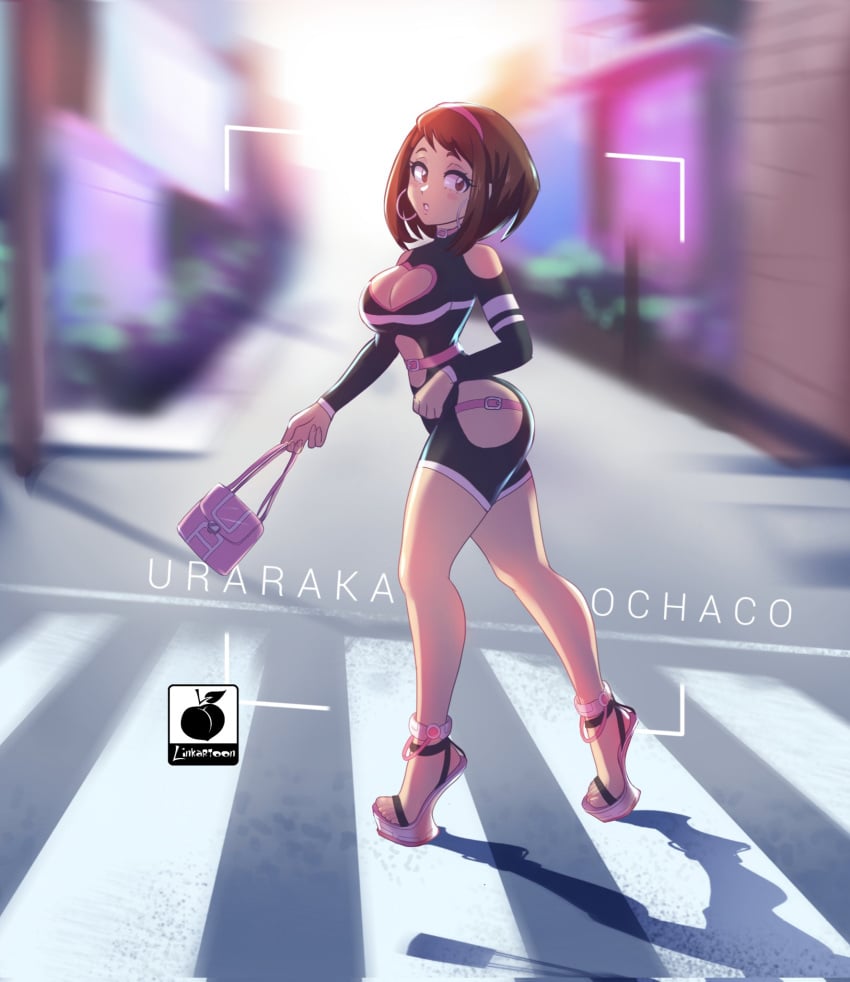 1girls big_breasts blurry_background bob_cut boob_window brown_hair cleavage cleavage_cutout clothed crosswalk earrings feet female female_only fully_clothed handbag heelless_high_heels high_heels hoop_earrings hourglass_figure linkartoon my_hero_academia ochako_uraraka revealing_clothes shadow solo street text tight_clothing very_high_heels