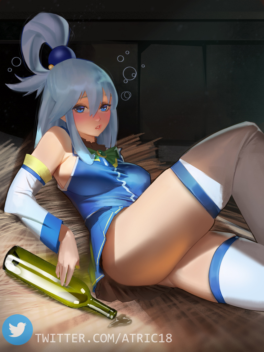 1girls aqua_(konosuba) aqua_eyes aqua_hair atric18 blush drunk eye_contact female fully_clothed goddess kono_subarashii_sekai_ni_shukufuku_wo! legwear long_hair looking_at_viewer solo thick_thighs thighs