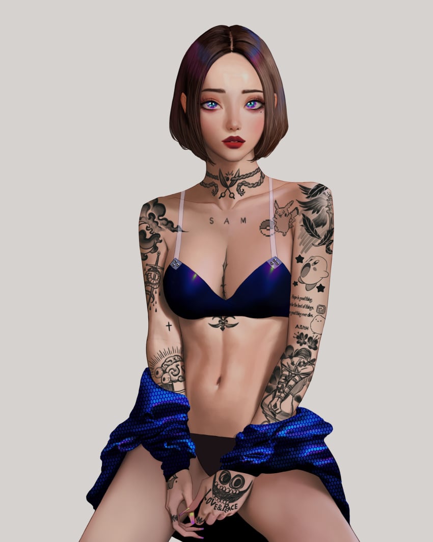 1girls bra cleavage lips looking_at_viewer medium_breasts pose realistic short_hair simple_background solo tattoo underwear wonbin_lee