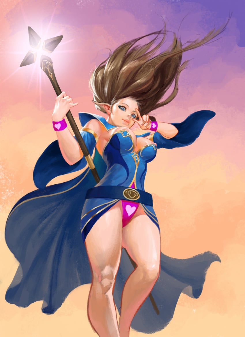 1girls bangku_an blizzard_entertainment breasts breasts_out cape cleavage hearthstone large_breasts long_hair nipple_slip pointy_ears pose solo staff standing v violet_teacher warcraft