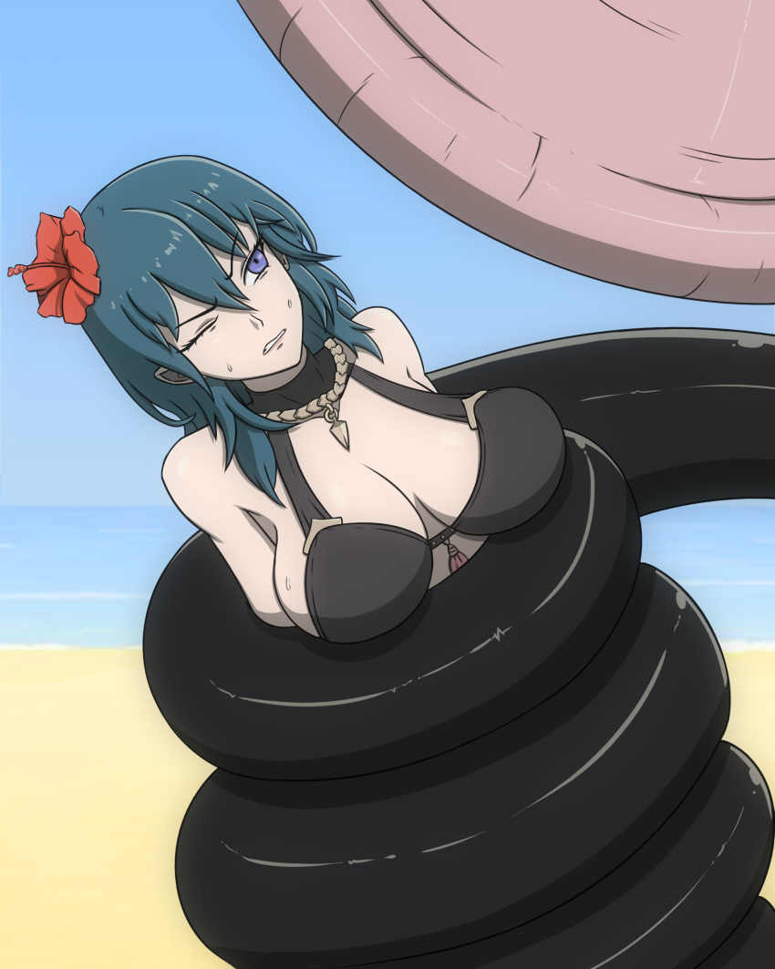 1girls alternate_costume big_breasts bikini black_bikini black_swimsuit blue_sky bondage breasts byleth_(fire_emblem) byleth_(fire_emblem)_(female) byleth_(summer)_(fire_emblem)_(female) cell_(dragon_ball) crossover dragon_ball dragon_ball_z fire_emblem fire_emblem:_three_houses fire_emblem_heroes flower forced green_hair hair_flower hibiscus huge_breasts imminent_vore large_breasts nintendo official_alternate_costume one_eye_closed purple_eyes red_flower sand sea source_request summer sweat sweating sweating_profusely swimsuit tail tail_bondage tail_wrap vore yugerov