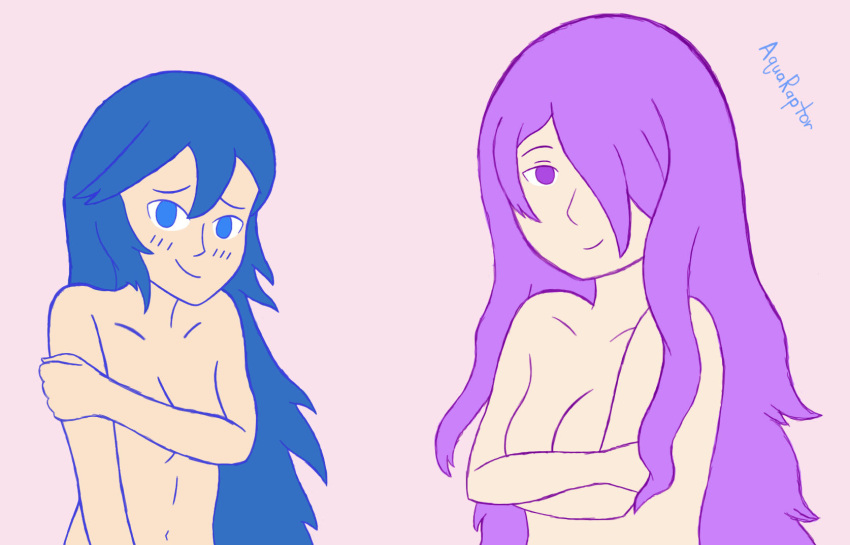 2girls aquaraptor armor_break blue_eyes blue_hair breasts camilla_(fire_emblem) covering covering_breasts embarrassed female female_only fire_emblem fire_emblem_awakening fire_emblem_fates hair_over_one_eye hand_bra long_hair looking_at_viewer lucina_(fire_emblem) medium_breasts multiple_girls nintendo purple_eyes small_breasts smile topless