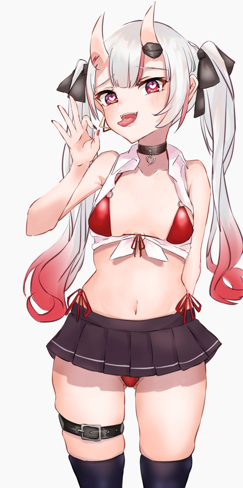 blowjob_gesture choker fellatio_gesture heart-shaped_pupils hime_apple hololive hololive_gen_2 hololive_japan nakiri_ayame oni_horns red_bikini string_panties twintails virtual_youtuber