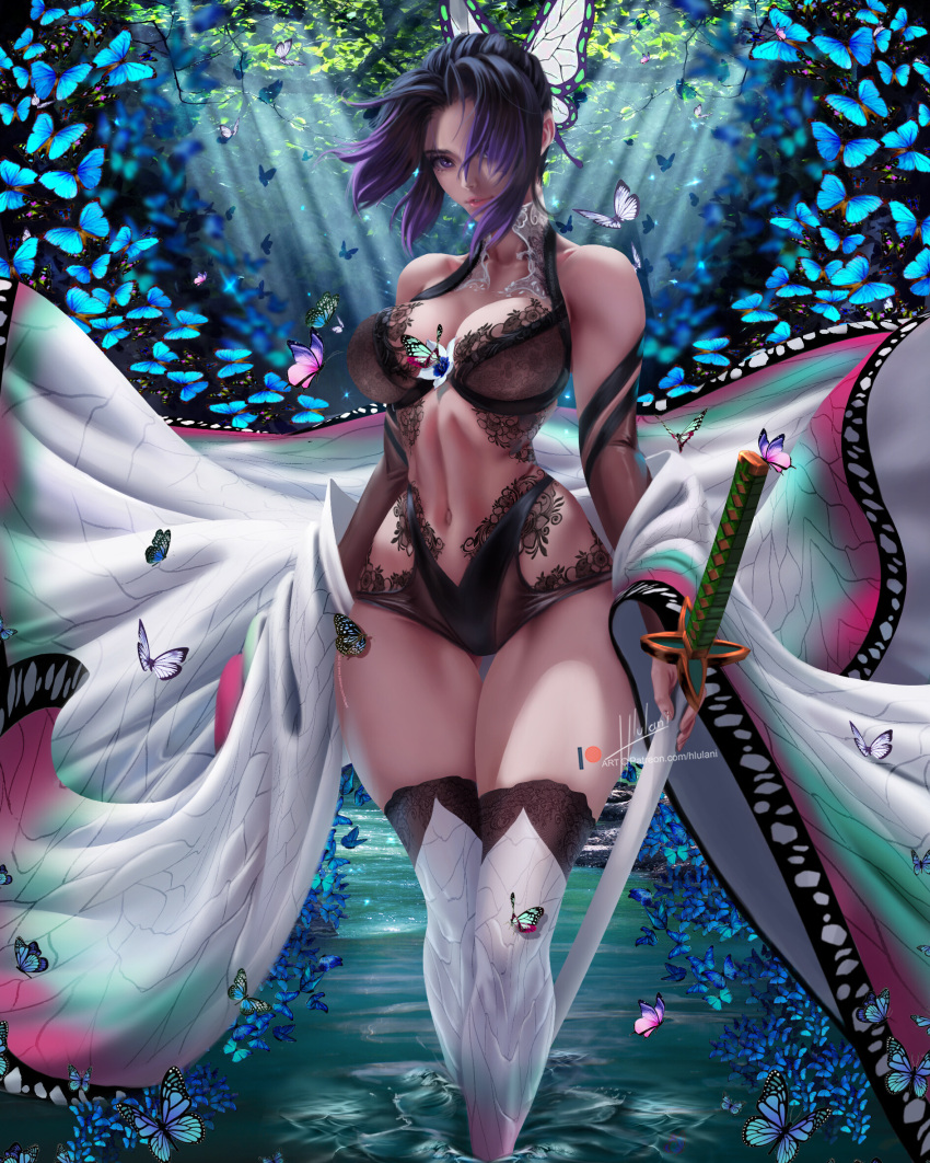 alternate_costume bare_shoulders big_breasts black_hair butterfly butterfly_hair_ornament cleavage curvy demon_slayer detached_sleeves detailed_background feet_out_of_frame female female_only haori hlulani hourglass_figure katana kimetsu_no_yaiba kochou_shinobu lace lace-trimmed_thighhighs leotard lingerie looking_at_viewer purple_eyes purple_hair realistic smile solo standing sword thick_thighs thigh_gap thighhighs thin_waist two_tone_hair white_legwear white_thighhighs wide_hips