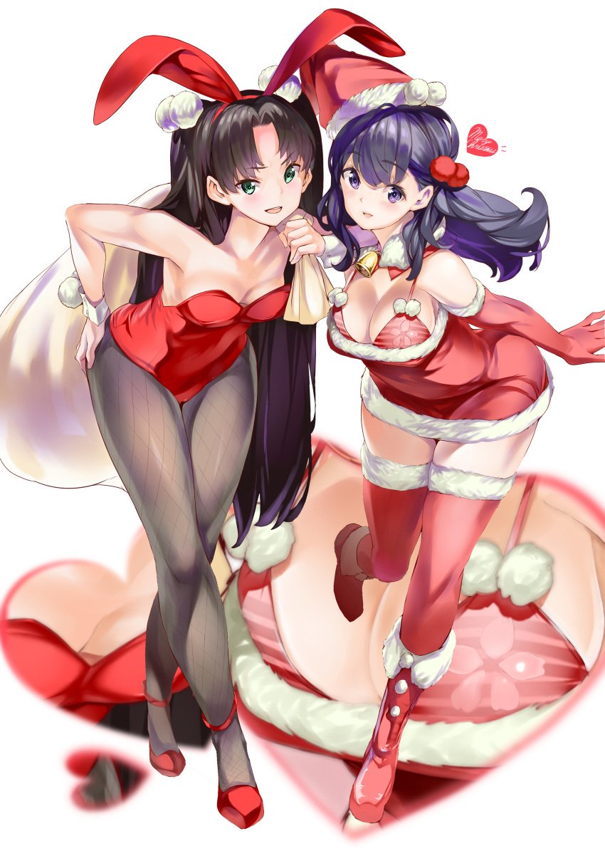 2girls absurdres animal_ears bangs bare_shoulders bell bikini bikini_top black_hair black_legwear blush boots breasts brown_hair christmas cleavage collar commentary commentary_request elbow_gloves eyebrows_visible_through_hair fate/stay_night fate_(series) female female_only fishnet_legwear fishnet_pantyhose fishnets floral_print fur-trimmed_boots fur-trimmed_gloves fur-trimmed_legwear fur_trim gift_bag gloves green_eyes hair_ornament hand_on_hip hat heart high_heels highres human large_breasts leaning_forward leotard long_hair looking_at_viewer matou_sakura medium_breasts multiple_girls neck_bell pantyhose parted_bangs playboy_bunny purple_eyes purple_hair rabbit_ears rabbit_tail red_bikini red_gloves red_legwear red_leotard sack santa_boots santa_costume santa_gloves santa_hat siblings sisters smile standing swimsuit tail thighhighs tohsaka_rin tsukamori_shuuji twintails very_long_hair white_background wrist_cuffs