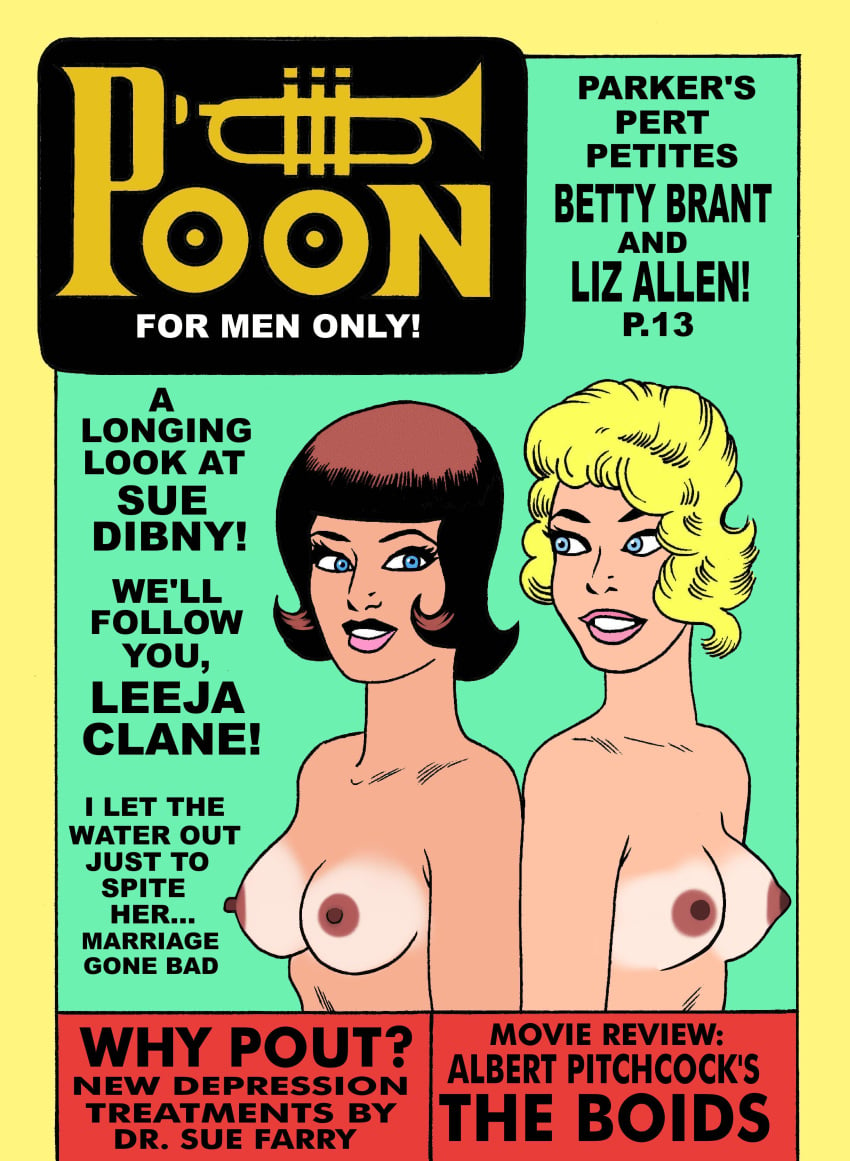 2girls betty_brant bikini_tan blonde_hair blue_eyes blunt_bangs brown_hair character_name english_text erect_nipples eyelashes fake_cover fake_magazine fake_magazine_cover female female_only green_background large_breasts liz_allan marvel marvel_comics medium_breasts multiple_girls nude_female poon_(magazine) short_hair simple_background small_breasts spider-man_(series) tanline toonytease upper_body