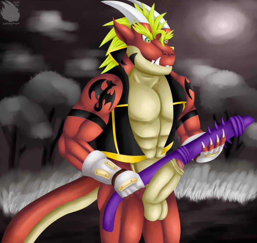 abs absurd_res anthro balls blonde_hair delga dildo dragon genitals hair hi_res horn male muscular pecs penis red_body red_scales reptile scales scalie sex_toy solo thescorchingdragon weapon