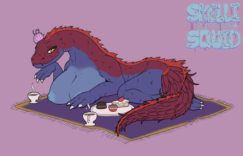 absurd_res anthro beverage big_breasts breasts cake claws dessert eyelashes female flower food half-closed_eyes hi_res hybrid lounging narrowed_eyes plant reptile scales scalie skellisquid tail tea tea_party