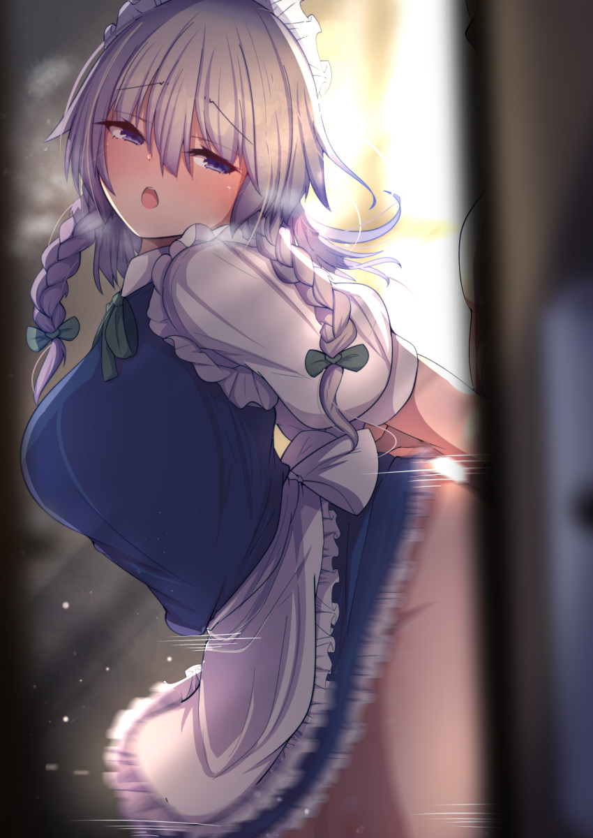 apron arms_up back_bow bangs blue_dress blue_eyes blush bow braid breasts censored collar collared_shirt darumoon dress eyebrows_visible_through_hair eyes_visible_through_hair female frills green_bow grey_hair hair_between_eyes hairbow hands_up highres implied_sex large_breasts light looking_to_the_side maid maid_headdress no_panties offscreen_sex open_mouth prison_guard_position puffy_short_sleeves puffy_sleeves sakuya_izayoi shadow shirt short_hair short_sleeves solo standing stealth_sex sunlight touhou twin_braids wall white_apron white_bow white_shirt white_sleeves window