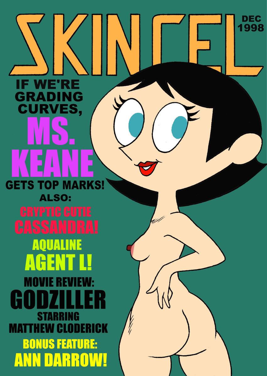 ass black_hair blue_eyes english_text eyelashes female lipstick looking_back magazine_cover medium_breasts ms._keane nude powerpuff_girls short_hair solo teacher toonytease