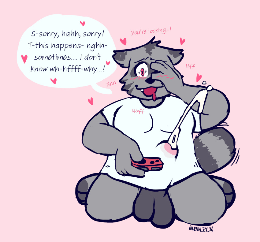 anthro balls bodily_fluids chubby_male clothed clothing controller cum dialogue drooling ejaculation embarrassed game_controller genital_fluids genitals hands-free heart hi_res joycon_controller lenny_(artist) male male_only mammal nintendo nintendo_controller nintendo_switch partially_clothed penis procyonid raccoon saliva shy slightly_chubby solo spontaneous_ejaculation talking_to_viewer through_clothing video_games