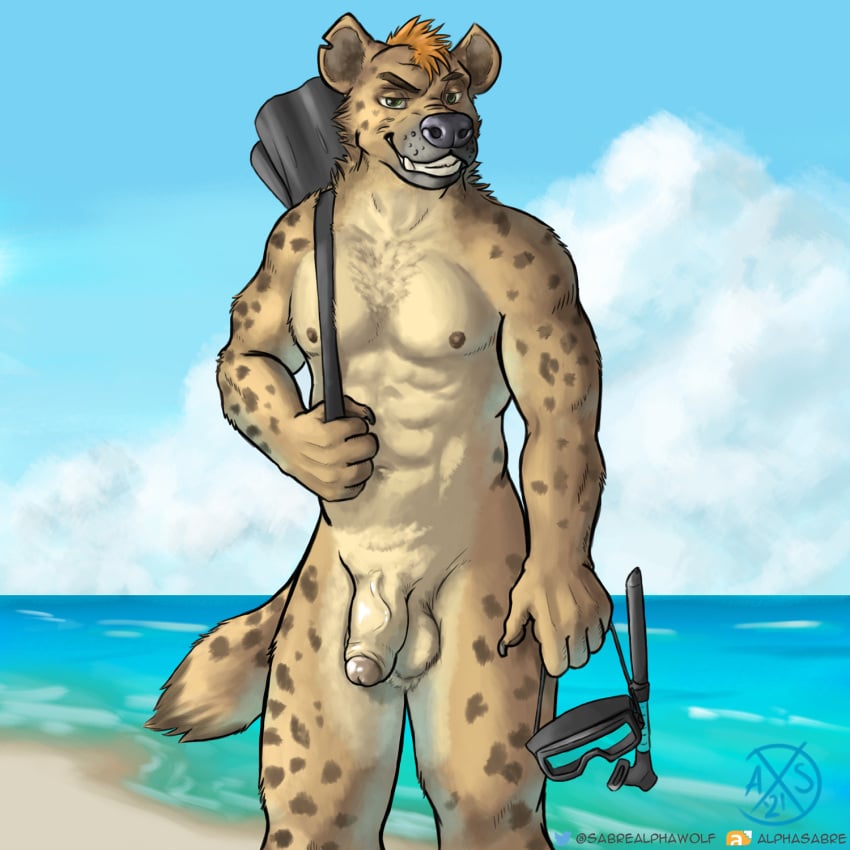 1:1 alphasabre anthro beach fur grin hi_res hyaenid looking_at_viewer male male_focus male_only male_solo mammal markings mohawk muscular nude outside sea seaside smile snorkel snorkeling solo solo_male spots spotted_markings suggestive tan_body tan_fur water