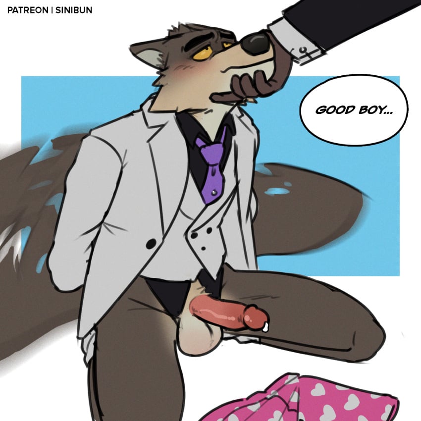 1:1 ambiguous_gender ambiguous_species anthro balls biped black_clothing black_shirt black_topwear blush bodily_fluids bottomless brown_body brown_fur canid canine canis clothed clothing dreamworks dress_shirt duo english_text erection fur genital_fluids genitals glans head_grab heart_underwear hi_res humanoid_genitalia humanoid_penis jacket kneeling male male_focus male_only male_solo mammal mr._wolf_(the_bad_guys) necktie penis pink_boxers praise_kink precum shirt sinibun_95 solo_male suit tail_motion tailwag text the_bad_guys topwear underwear white_clothing white_jacket white_topwear wolf yellow_sclera